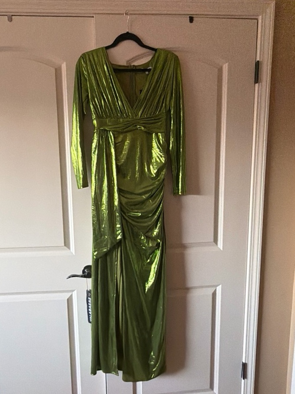 Fashion Nova Metallic Olive Green Long Sleeve V-Neck Gown